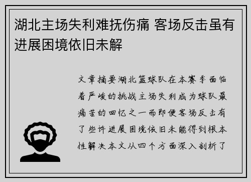 湖北主场失利难抚伤痛 客场反击虽有进展困境依旧未解