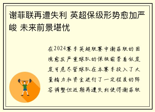 谢菲联再遭失利 英超保级形势愈加严峻 未来前景堪忧