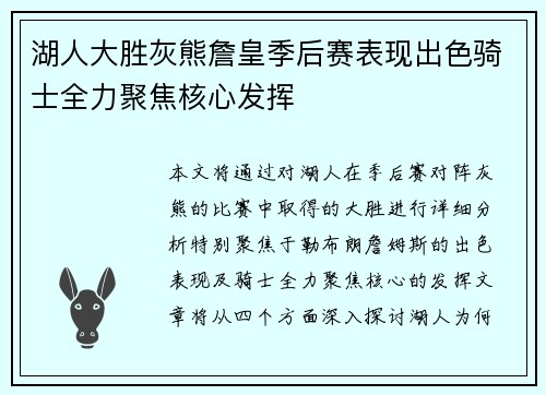 湖人大胜灰熊詹皇季后赛表现出色骑士全力聚焦核心发挥